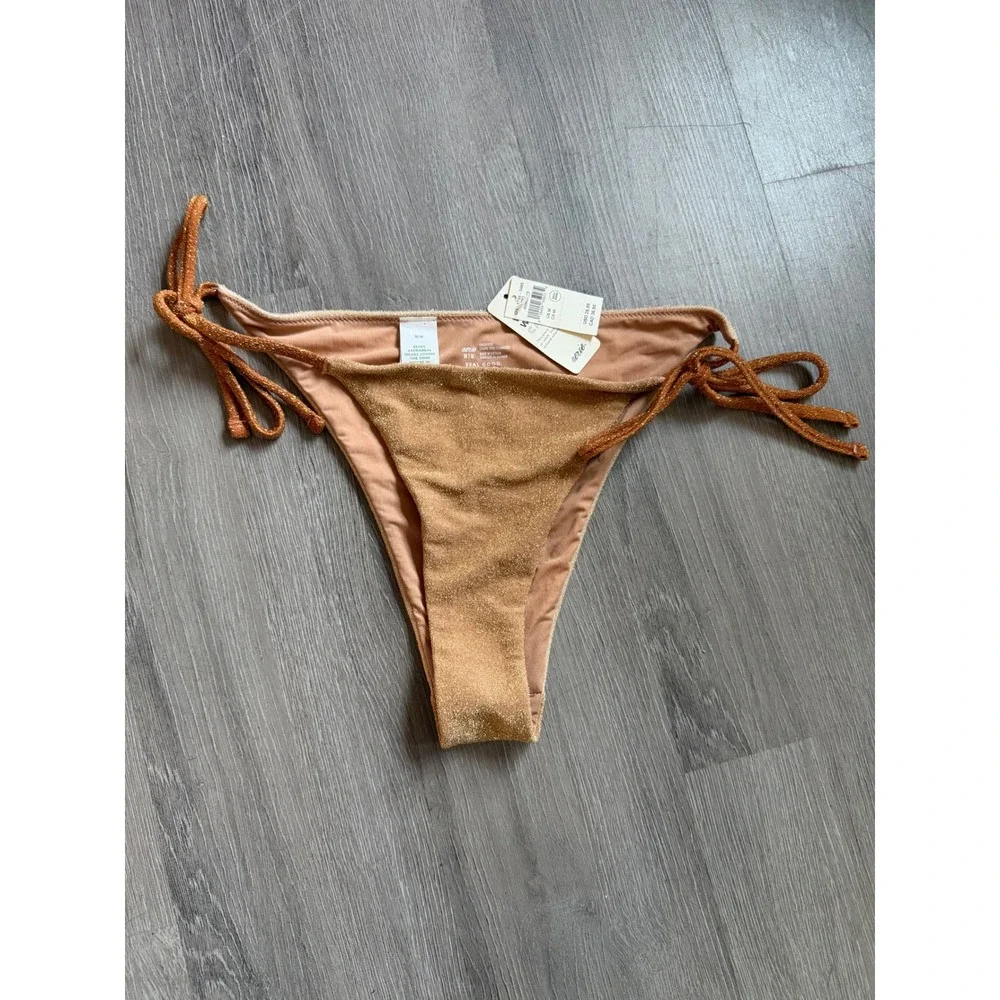 Aerie Real Good Gold Glitter Cheekiest Bikini Bottom Side Tie Swim NWT Medium